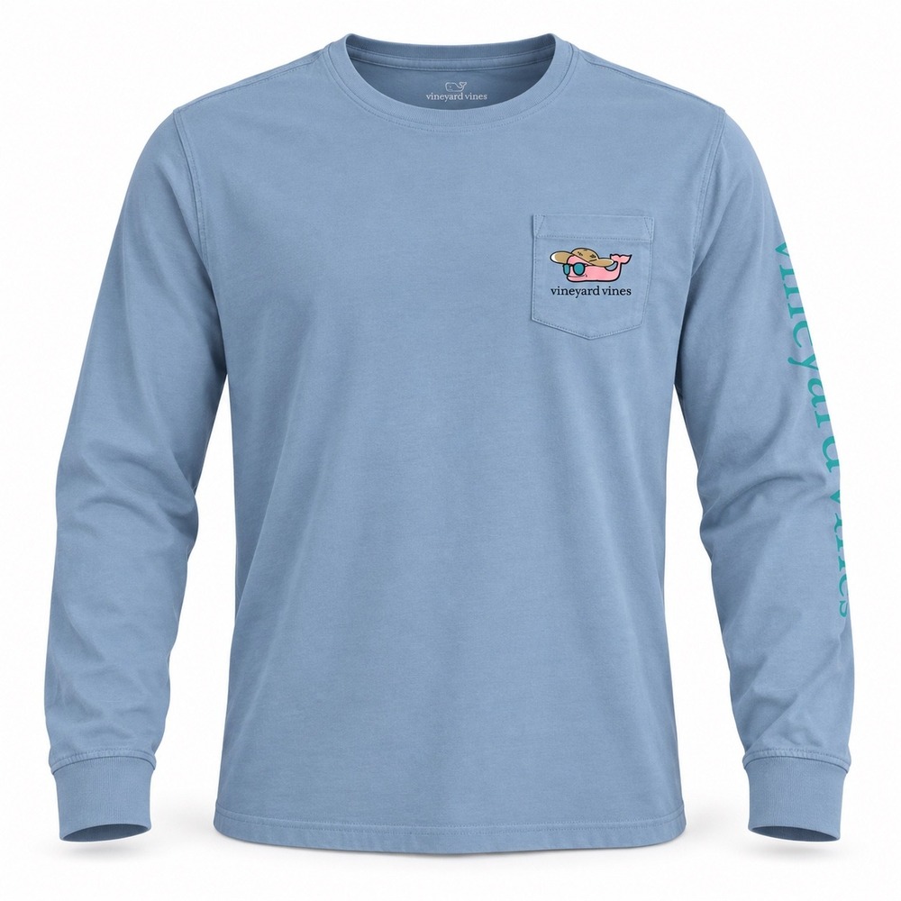 Vineyard Vines Womens XS Blue Beach Whale Long Sleeve Pocket T-Shirt Cotton